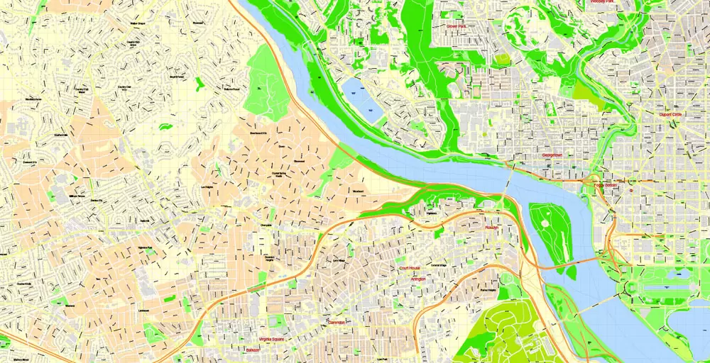 Printable Map Washington DC, US, exact vector Map street G-View City Plan Level 17 (100 meters scale) + all buildings, full editable, Adobe Illustrator