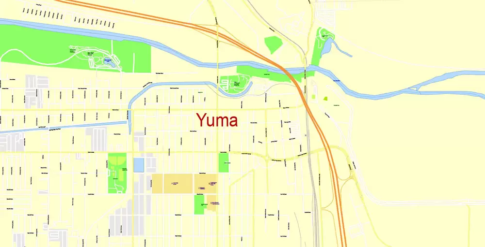 Printable Map Yuma, Arizona, US, exact vector Map street G-View City Plan Level 17 (100 meters scale) full editable, Adobe Illustrator