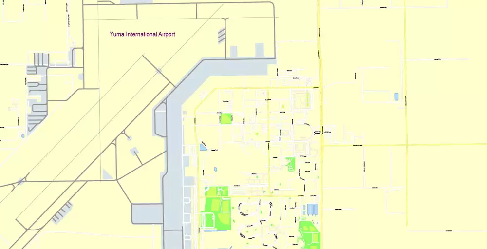 Printable Map Yuma, Arizona, US, exact vector Map street G-View City Plan Level 17 (100 meters scale) full editable, Adobe Illustrator