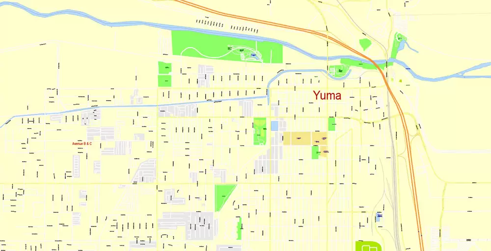 Printable Map Yuma, Arizona, US, exact vector Map street G-View City Plan Level 17 (100 meters scale) full editable, Adobe Illustrator