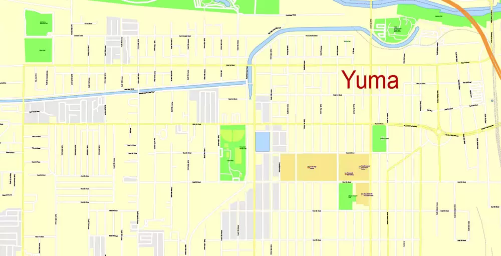 Printable Map Yuma, Arizona, US, exact vector Map street G-View City Plan Level 17 (100 meters scale) full editable, Adobe Illustrator