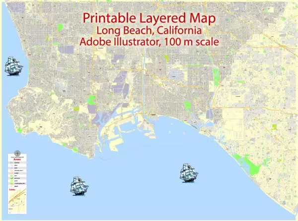 Printable Map Long Beach, California, US, exact vector Map street G-View City Plan Level 17 (100 meters scale) full editable, Adobe Illustrator