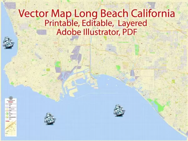 Printable Map Long Beach, California, US, exact vector Map G-View City Plan Level 17 (100 meters scale) full editable, Adobe Illustrator