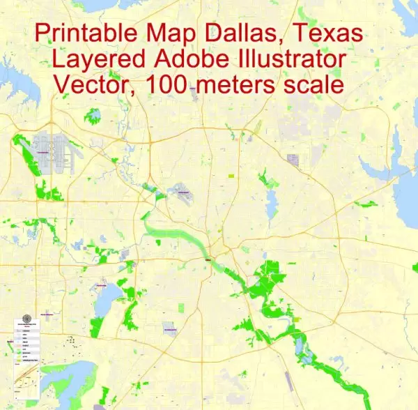 Printable Map Dallas, Texas, US, exact vector Map street G-View City Plan Level 17 (100 meters scale) full editable, Adobe Illustrator