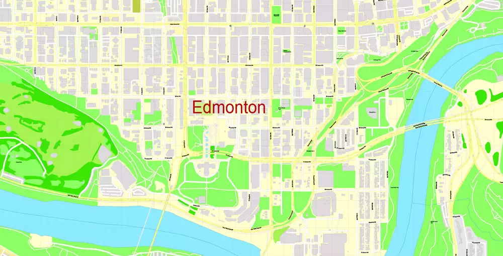 Printable Map Edmonton, Canada, exact max detailed Tactical Map City Plan Level G-View 17 (100 meters scale) full editable, Adobe Illustrator