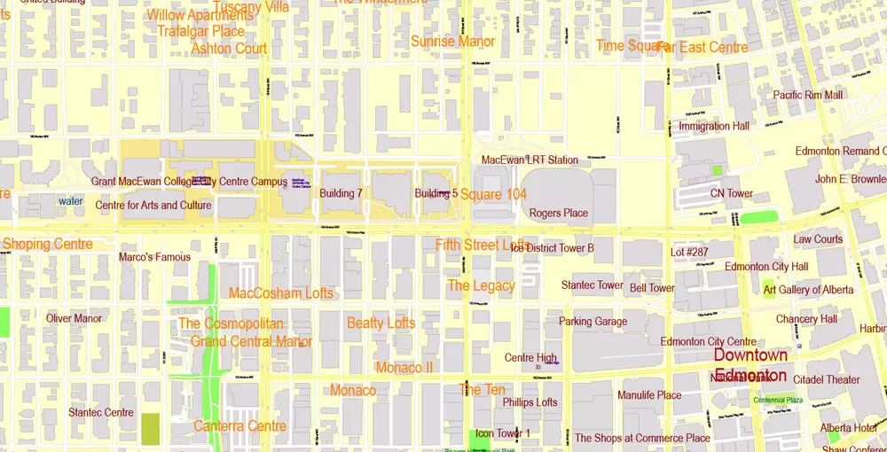 Printable Map Edmonton, Canada, exact max detailed Tactical Map City Plan Level G-View 17 (100 meters scale) full editable, Adobe Illustrator