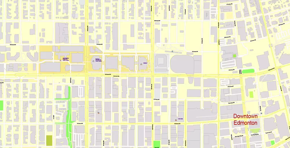 Printable Map Edmonton, Canada, exact max detailed Tactical Map City Plan Level G-View 17 (100 meters scale) full editable, Adobe Illustrator