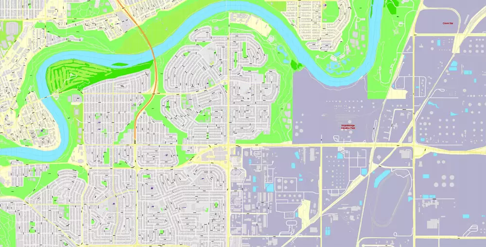 Printable Map Edmonton, Canada, exact max detailed Tactical Map City Plan Level G-View 17 (100 meters scale) full editable, Adobe Illustrator