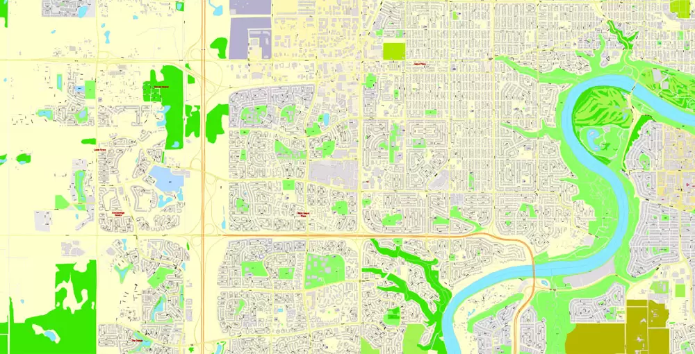 Printable Map Edmonton, Canada, exact max detailed Tactical Map City Plan Level G-View 17 (100 meters scale) full editable, Adobe Illustrator