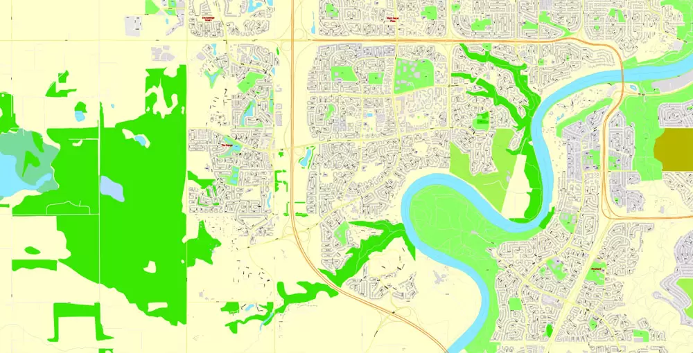 Printable Map Edmonton, Canada, exact max detailed Tactical Map City Plan Level G-View 17 (100 meters scale) full editable, Adobe Illustrator