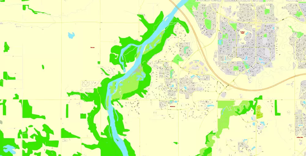 Printable Map Edmonton, Canada, exact max detailed Tactical Map City Plan Level G-View 17 (100 meters scale) full editable, Adobe Illustrator