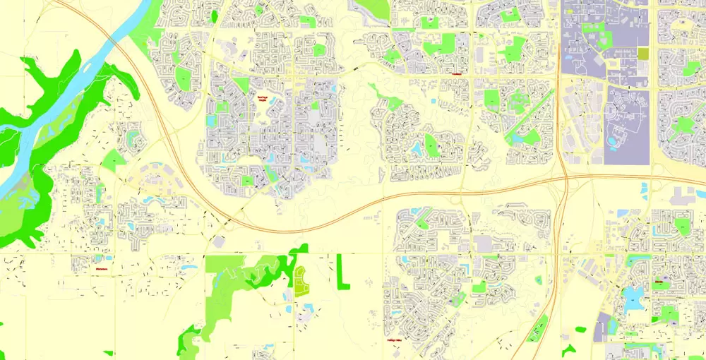 Printable Map Edmonton, Canada, exact max detailed Tactical Map City Plan Level G-View 17 (100 meters scale) full editable, Adobe Illustrator
