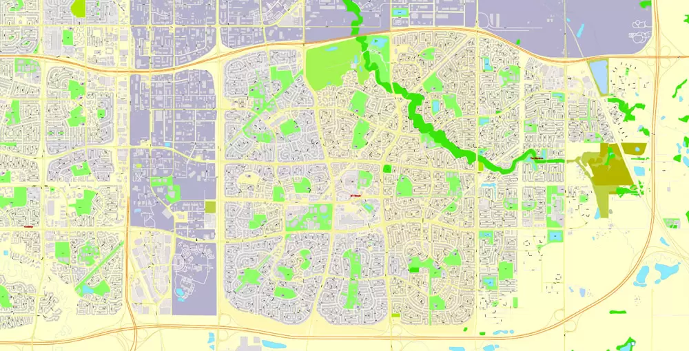 Printable Map Edmonton, Canada, exact max detailed Tactical Map City Plan Level G-View 17 (100 meters scale) full editable, Adobe Illustrator
