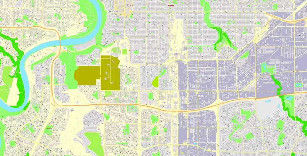 Printable Map Edmonton, Canada, exact max detailed Tactical Map City Plan Level G-View 17 (100 meters scale) full editable, Adobe Illustrator