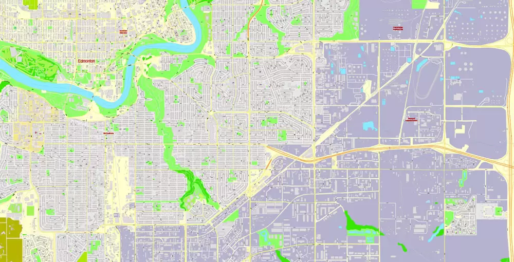 Printable Map Edmonton, Canada, exact max detailed Tactical Map City Plan Level G-View 17 (100 meters scale) full editable, Adobe Illustrator