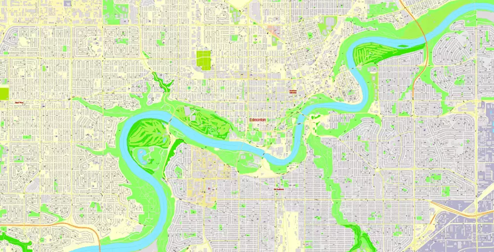 Printable Map Edmonton, Canada, exact max detailed Tactical Map City Plan Level G-View 17 (100 meters scale) full editable, Adobe Illustrator
