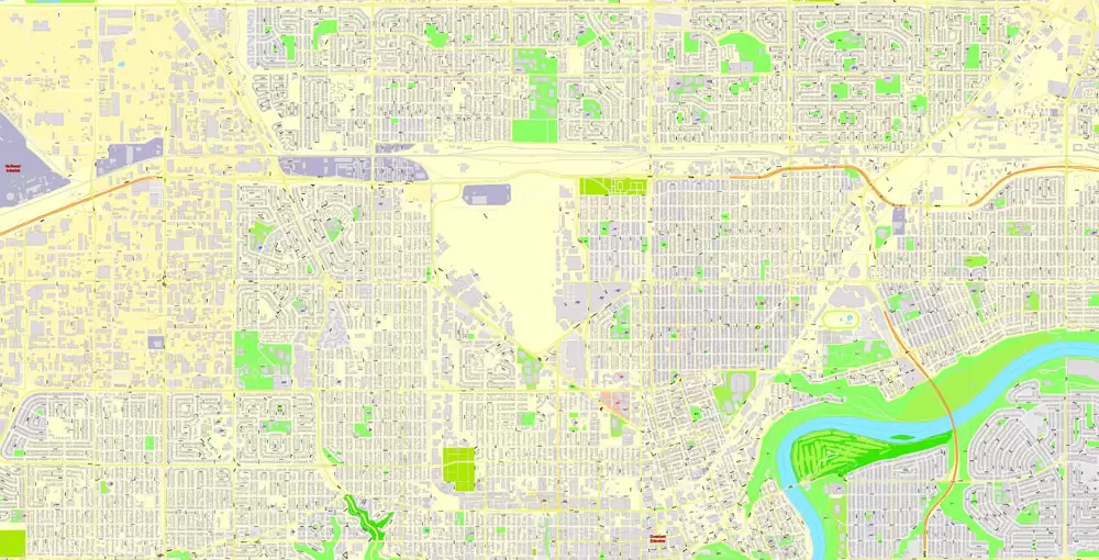 Printable Map Edmonton, Canada, exact max detailed Tactical Map City Plan Level G-View 17 (100 meters scale) full editable, Adobe Illustrator
