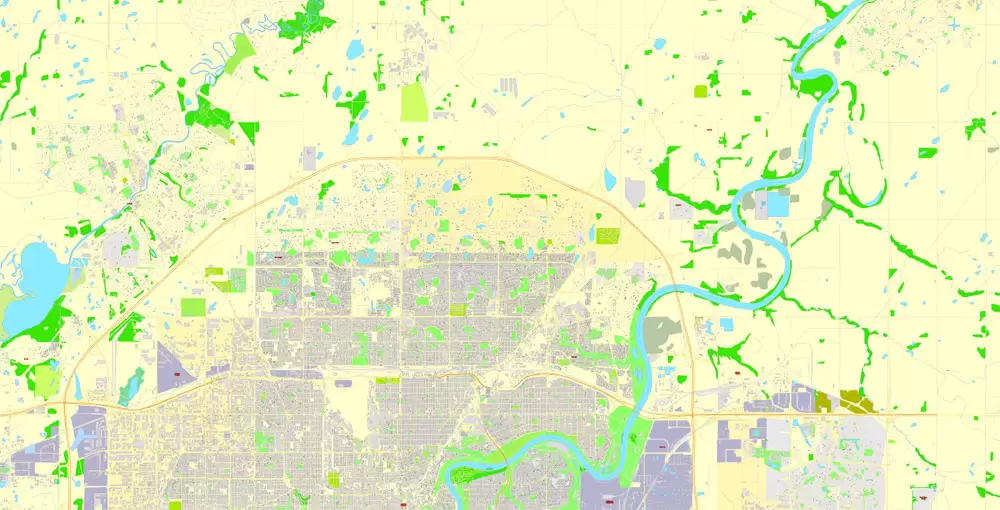 Printable Map Edmonton, Canada, exact max detailed Tactical Map City Plan Level G-View 17 (100 meters scale) full editable, Adobe Illustrator