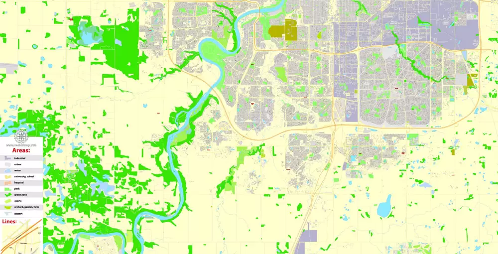 Printable Map Edmonton, Canada, exact max detailed Tactical Map City Plan Level G-View 17 (100 meters scale) full editable, Adobe Illustrator