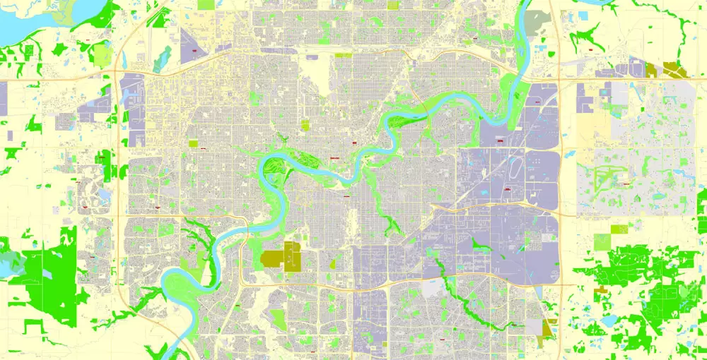 Printable Map Edmonton, Canada, exact max detailed Tactical Map City Plan Level G-View 17 (100 meters scale) full editable, Adobe Illustrator