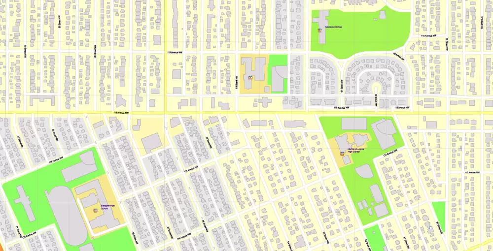 Printable Map Edmonton, Canada, exact max detailed Tactical Map City Plan Level G-View 17 (100 meters scale) full editable, Adobe Illustrator