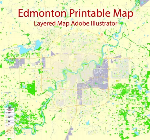 Printable Map Edmonton, Canada, exact Map City Plan Level G-View 17 (100 meters scale) full editable, Adobe Illustrator