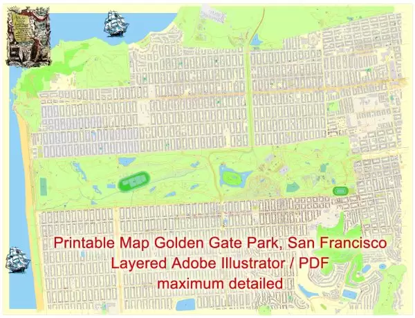 Printable Map Golden Gate Park, San Francisco, US, exact vector Map street G-View City Plan Level 20 (25 m scale 1:928), full editable, Adobe Illustrator