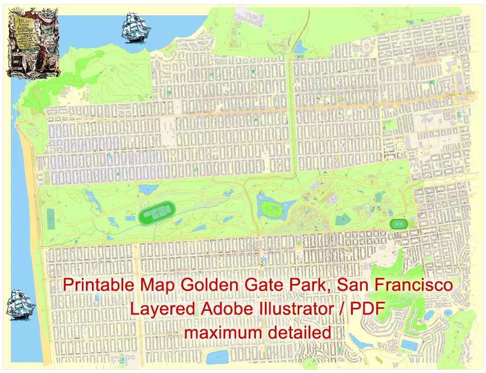 Printable Map Golden Gate Park, San Francisco, US, exact vector Map street G-View City Plan Level 20 (25 m scale 1:928), full editable, Adobe Illustrator