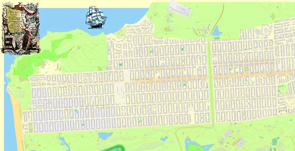 Printable Map Golden Gate Park, San Francisco, US, exact vector Map street G-View City Plan Level 20 (25 m scale 1:928), full editable, Adobe Illustrator