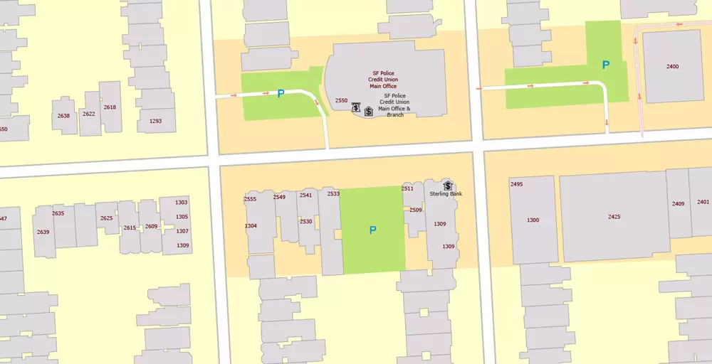 Printable Map Golden Gate Park, San Francisco, US, exact vector Map street G-View City Plan Level 20 (25 m scale 1:928), full editable, Adobe Illustrator