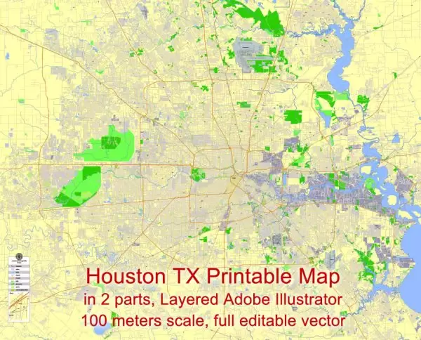 Printable Map Houston, Texas, US, exact vector Map street G-View City Plan Level 17 (100 meters scale) in 2 parts, full editable, Adobe Illustrator