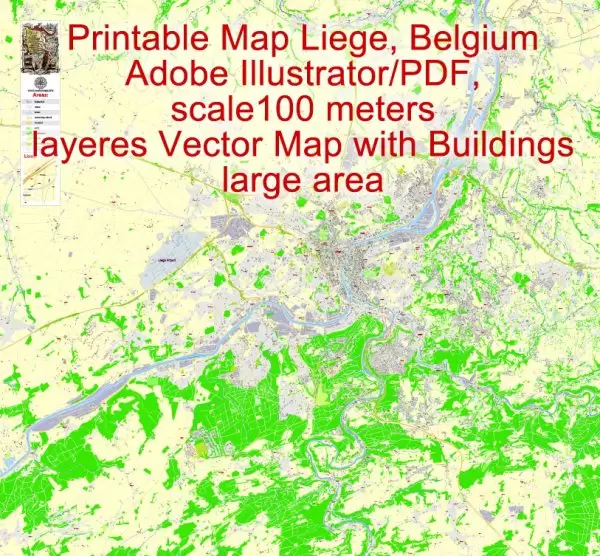 Printable Map Liege Grande Area, Belgium, exact vector street G-View Level 17 (100 meters scale) map ALL buildings, fully editable, Adobe Illustrator