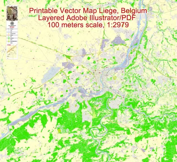 Printable Map Liege Grande Area, Belgium, exact vector street G-View Level 17 (100 meters scale) map, fully editable, Adobe Illustrator