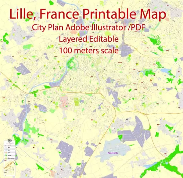 Printable Map Lille, France, exact vector street G-View Level 17 (100 meters scale) map, fully editable, Adobe Illustrator