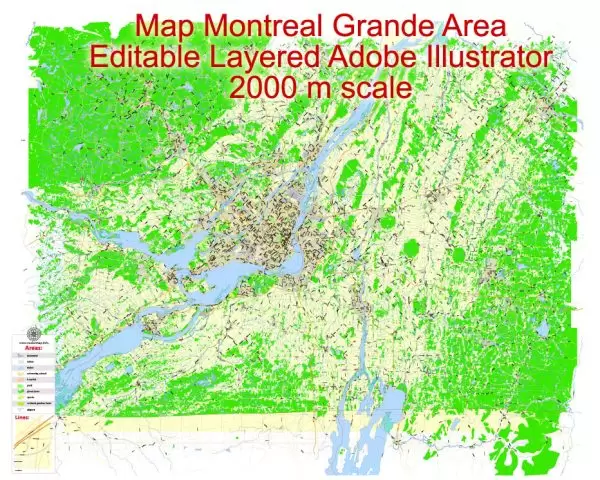 Printable Map Montreal Grande Area, Canada, exact vector Map street G-View City Plan Level 13 (2000 meters scale) full editable, Adobe Illustrator