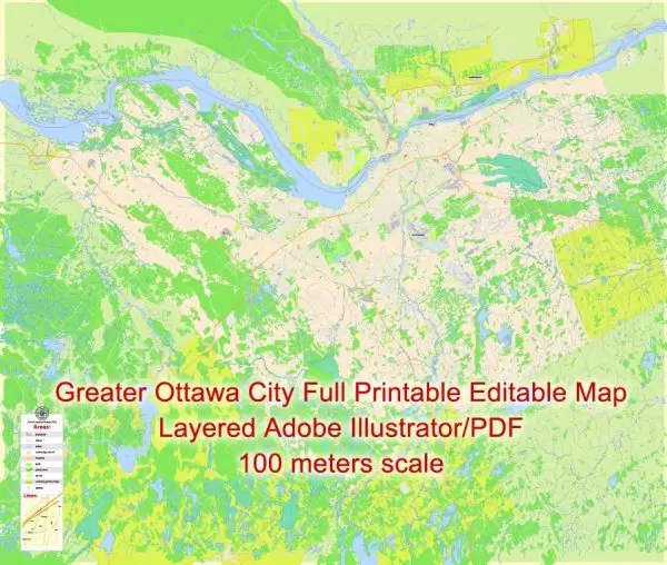 Printable Map Ottawa City Large Area, Canada, exact Map City Plan Level G-View 17 (100 meters scale) full editable, Adobe Illustrator