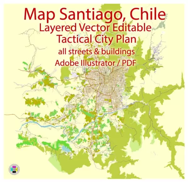 Printable Map Santiago, Chile, exact vector Map Tactical City Plan full editable, Adobe Illustrator