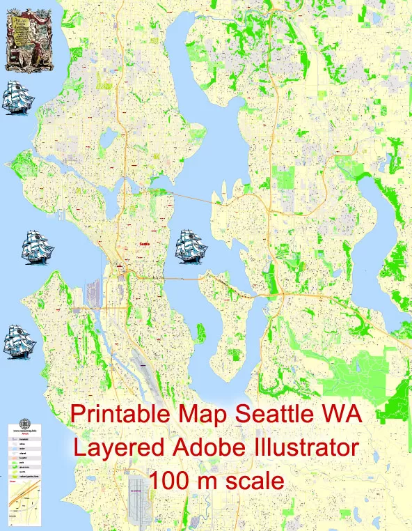 Printable Map Seattle, WA, US, exact vector Map street G-View City Plan Level 17 (100 meters scale), full editable, Adobe Illustrator