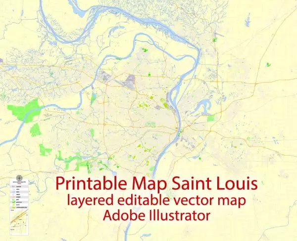 Printable Map Saint Louis, Missouri, US, exact vector Map street G-View City Plan Level 17 (100 meters scale) full editable, Adobe Illustrator