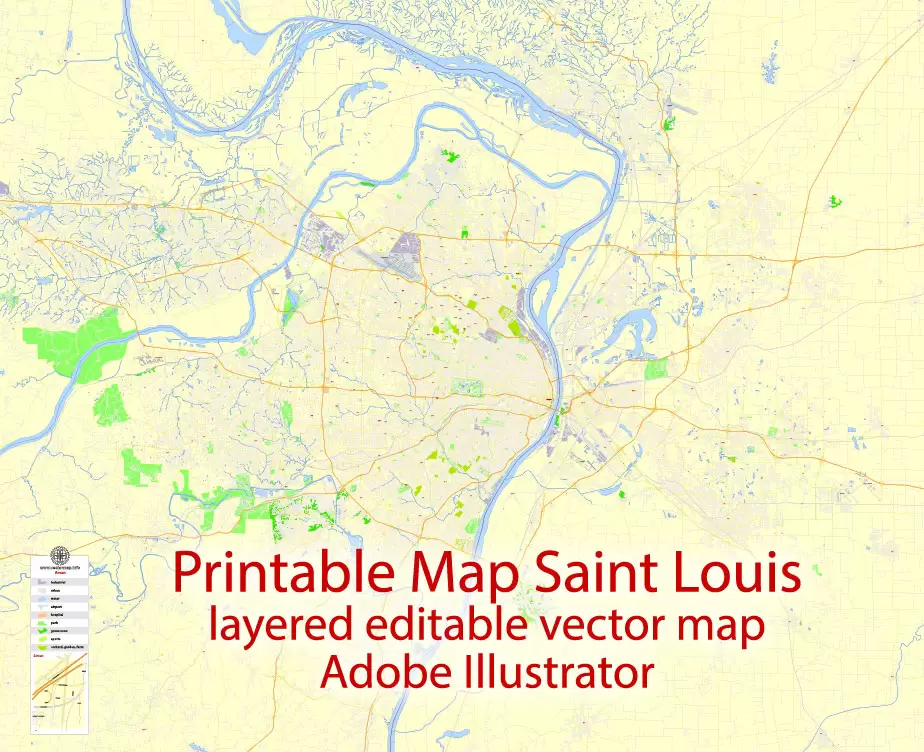 Printable Map Saint Louis, Missouri, US, exact vector Map street G-View City Plan Level 17 (100 meters scale) full editable, Adobe Illustrator
