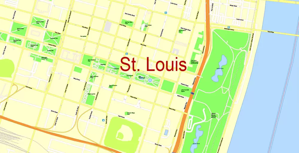 Printable Map Saint Louis, Missouri, US, exact vector Map street G-View City Plan Level 17 (100 meters scale) full editable, Adobe Illustrator