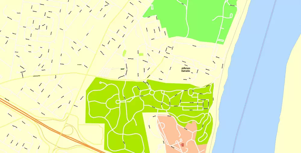 Printable Map Saint Louis, Missouri, US, exact vector Map street G-View City Plan Level 17 (100 meters scale) full editable, Adobe Illustrator
