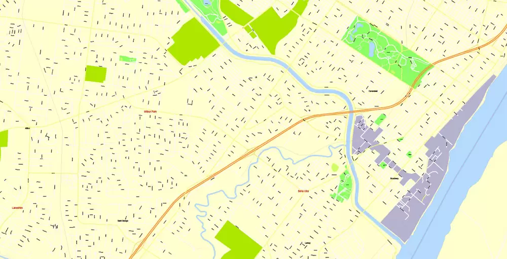 Printable Map Saint Louis, Missouri, US, exact vector Map street G-View City Plan Level 17 (100 meters scale) full editable, Adobe Illustrator