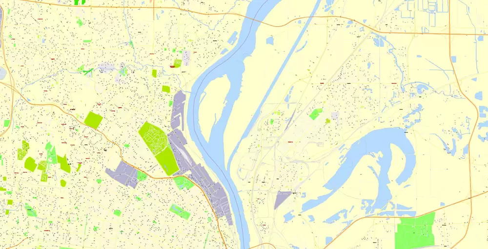 Printable Map Saint Louis, Missouri, US, exact vector Map street G-View City Plan Level 17 (100 meters scale) full editable, Adobe Illustrator