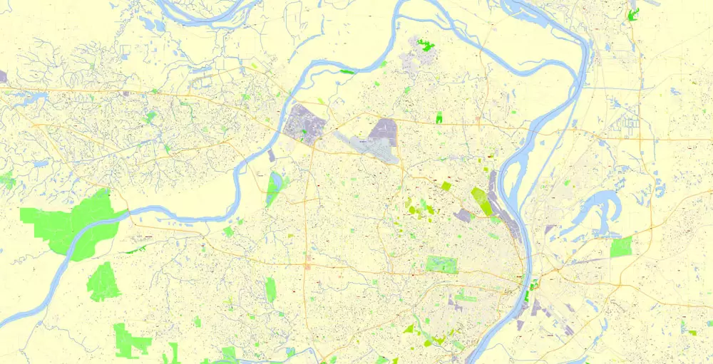 Printable Map Saint Louis, Missouri, US, exact vector Map street G-View City Plan Level 17 (100 meters scale) full editable, Adobe Illustrator