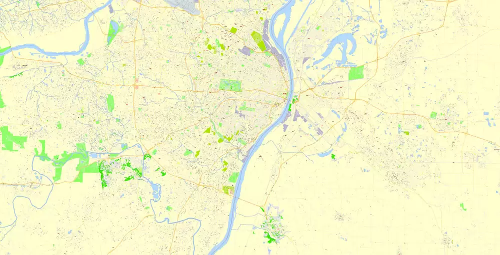 Printable Map Saint Louis, Missouri, US, exact vector Map street G-View City Plan Level 17 (100 meters scale) full editable, Adobe Illustrator