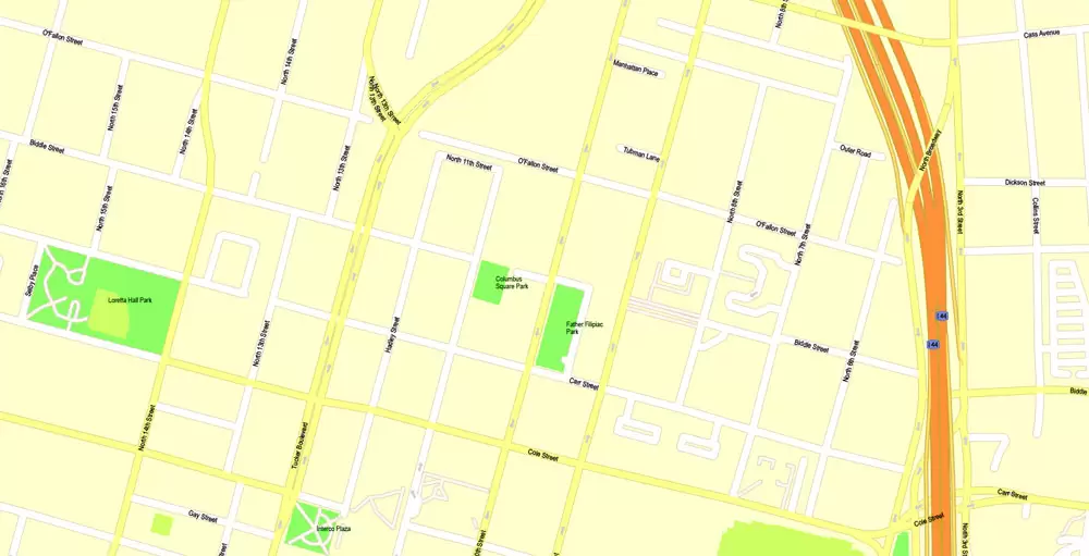 Printable Map Saint Louis, Missouri, US, exact vector Map street G-View City Plan Level 17 (100 meters scale) full editable, Adobe Illustrator