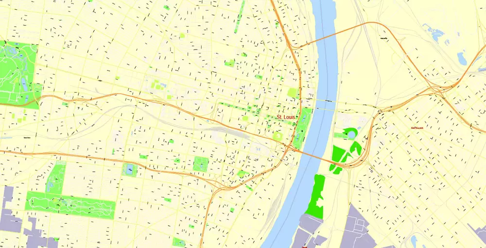 Printable Map Saint Louis, Missouri, US, exact vector Map street G-View City Plan Level 17 (100 meters scale) full editable, Adobe Illustrator