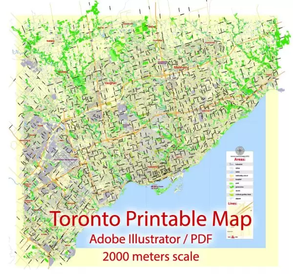 Printable Map Toronto, Canada, exact vector Map street G-View City Plan Level 13 (2000 meters scale) full editable, Adobe Illustrator