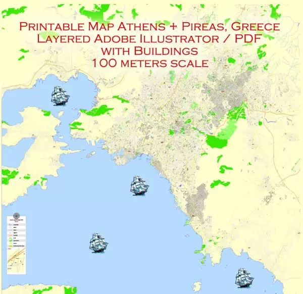 Printable Vector Map Athens + Pireas, Greece, exact City Plan with Buildings, street G-View Level 17 (100 meters scale) map English, fully editable, Adobe Illustrator
